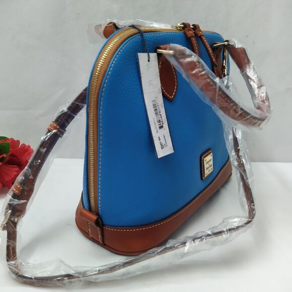 Dooney & Bourke Blue Pebbled Leather Double Handles Zipper Satchel Bag - NWT - Picture 2 of 16